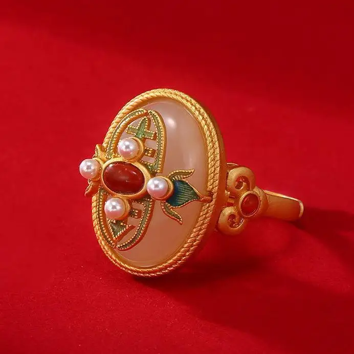 

S925 Sterling Silver Gold-Plated Gorgeous Vintage Court Style Cloisonne Burnt Blue Craft Natural South Red Hetian Jade Ring Fema