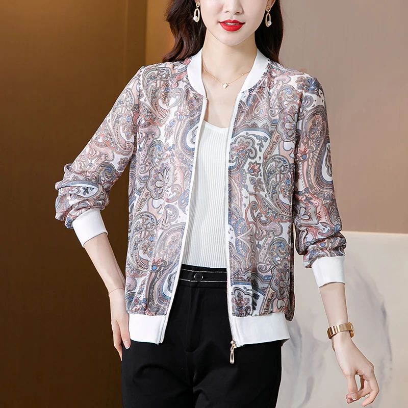 

2021 Fashion Summer Chiffon Flowers Women Retro Outwear Bomber Long Sleeve Jacket Woman Female Zipper Plus Size Basic Sunscreen