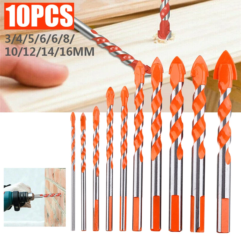 10Pcs Drills Multifunctional Drill Bits Ceramic Wall Glass Punching Hole Working Sets Drills Triangle Handles