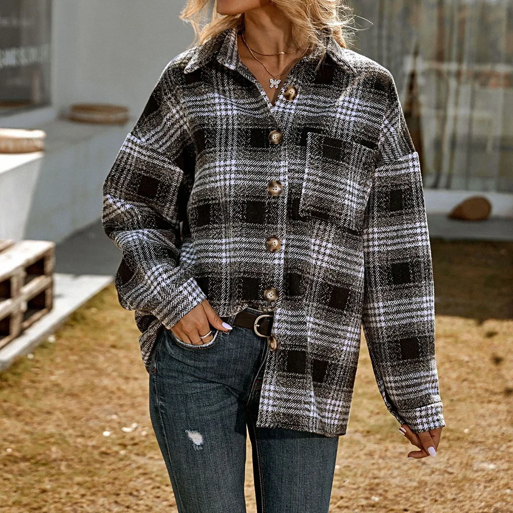 

Plaid Shirt Jackets Women Coat Long Sleeve Warm Overcoat 2021 Autumn Winter Casual Loose Coats Turn Down Collar Oversized Jacket