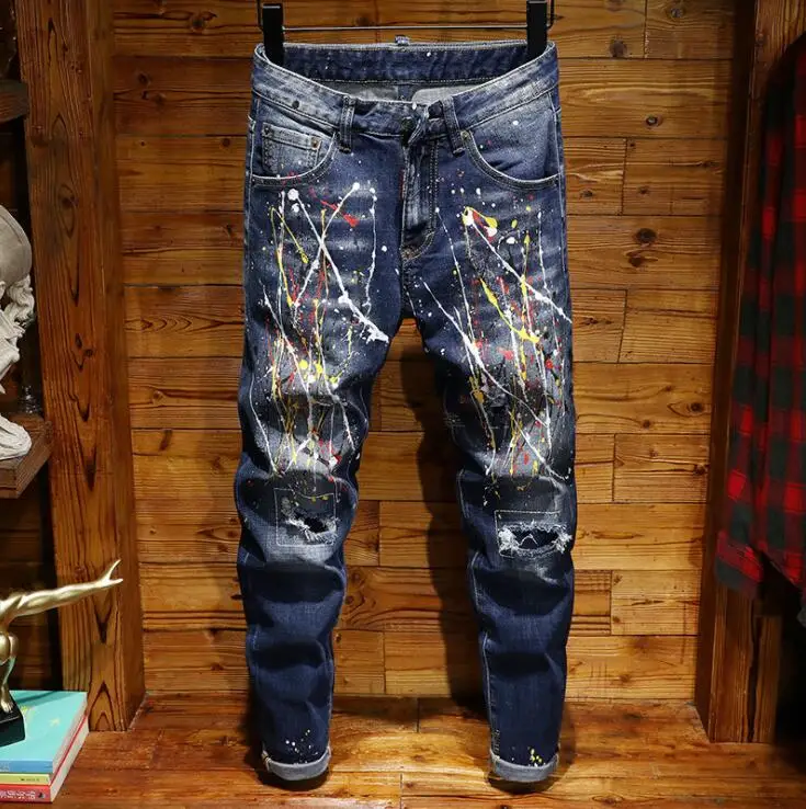 Hot sale men's small straight jeans pantalon homme original design paint splash hole patch trousers stretch high-end pants
