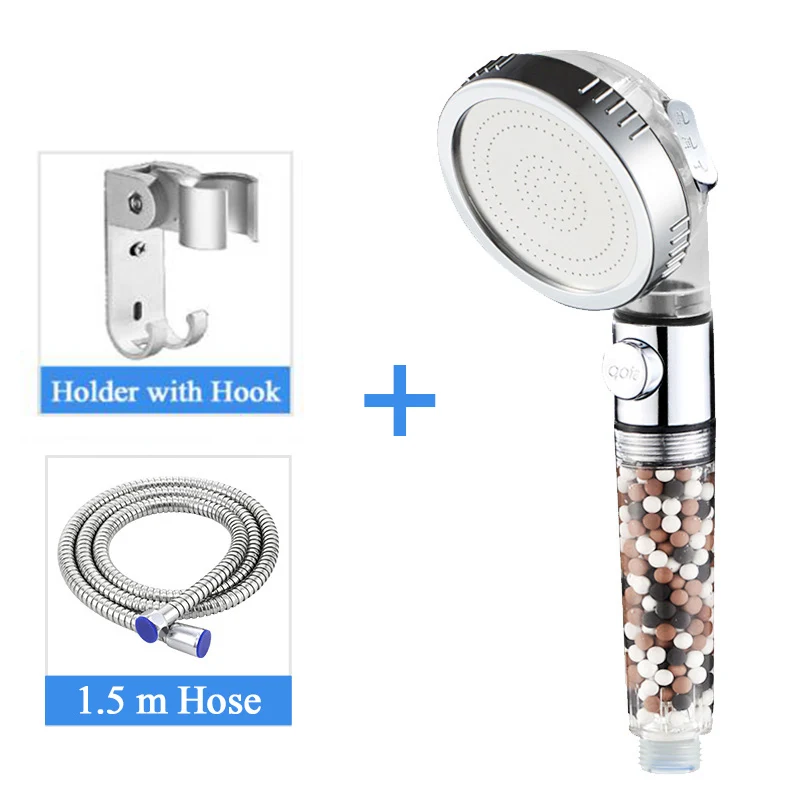 

3-Function SPA Shower Head Stop Switch Bathroom Water Saving Spray Nozzle ABS Anion Filter High Pressure Showerhead
