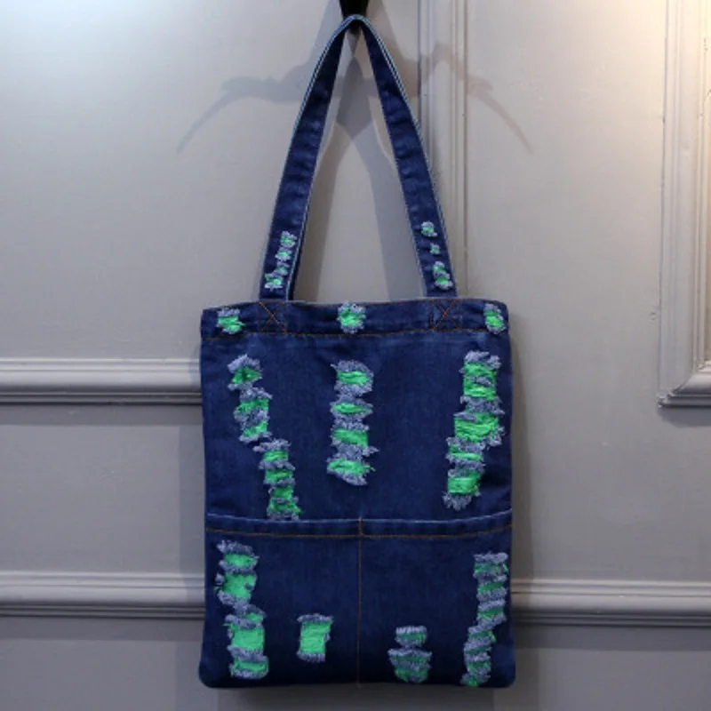 

Denim hole women's reusable shopping bag cowboy fabric female handbag ladies book pouch bolsa feminina bolso mujer for girls