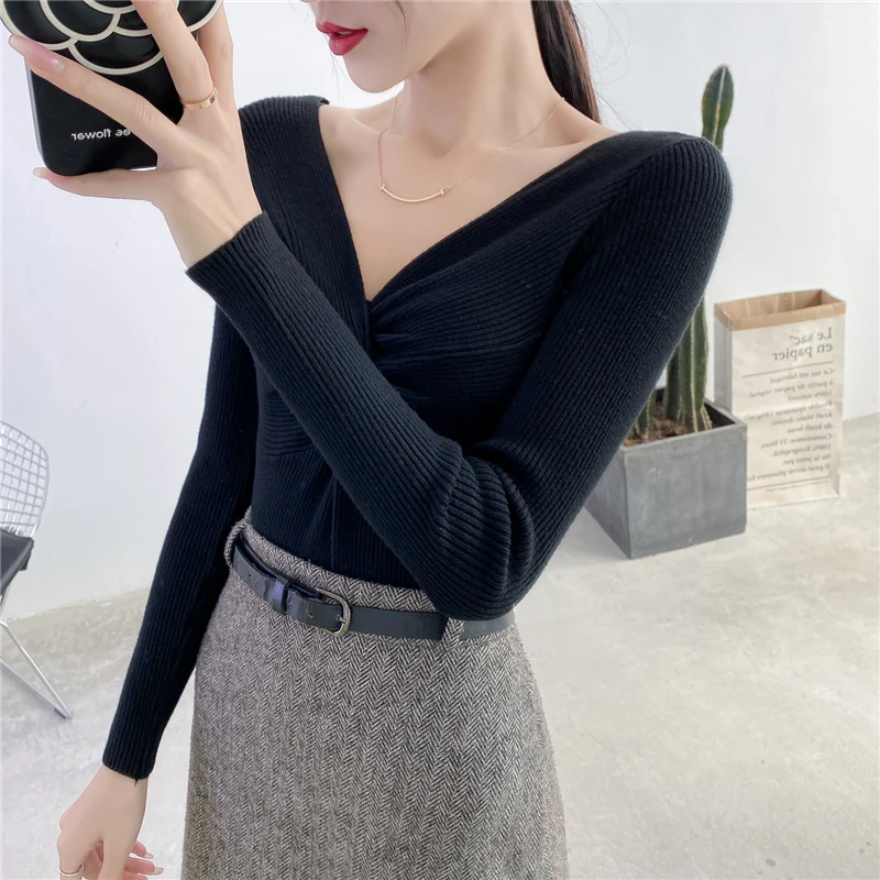 

2021 Winter Thick Sweater Women Knitted Ribbed Pullover Sweater Low V-neck Sexy Long Cross Slim Jumper Soft Warm Pull Femme