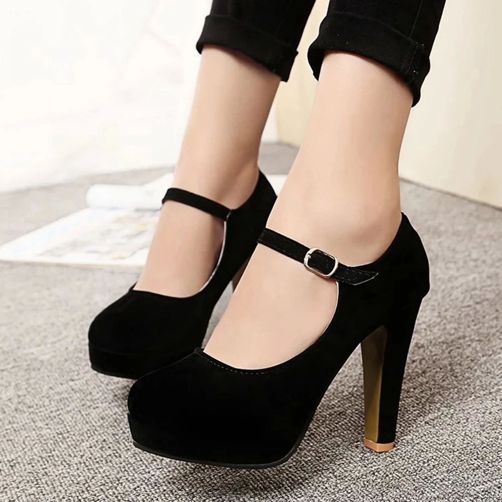 

JOUIR TALONS 2020 New Brand women shoes Flock Round Toe Platform Ankle Strap High Thick Heels Mary Jane Pumps
