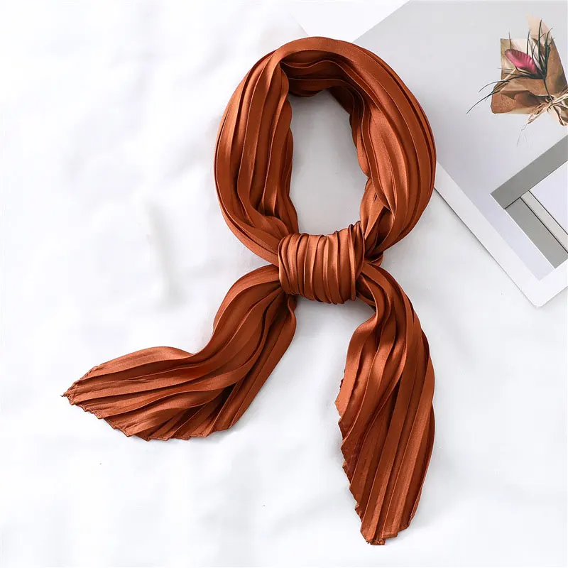 

New Solid Color Decorative Headscarf Small Scarves Soft Square Scarf Crinkled Hair Scarf Silk Pleated Scarf Satin Neckerchief