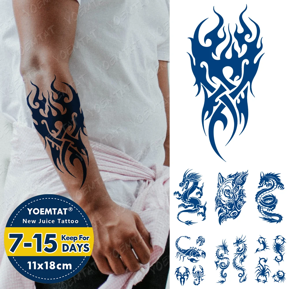 

Juice Lasting Waterproof Temporary Tattoo Sticker Flame Totem Wolf Tiger Scorpion Flash Tatoo Male Ink Body Art Fake Tatto Women