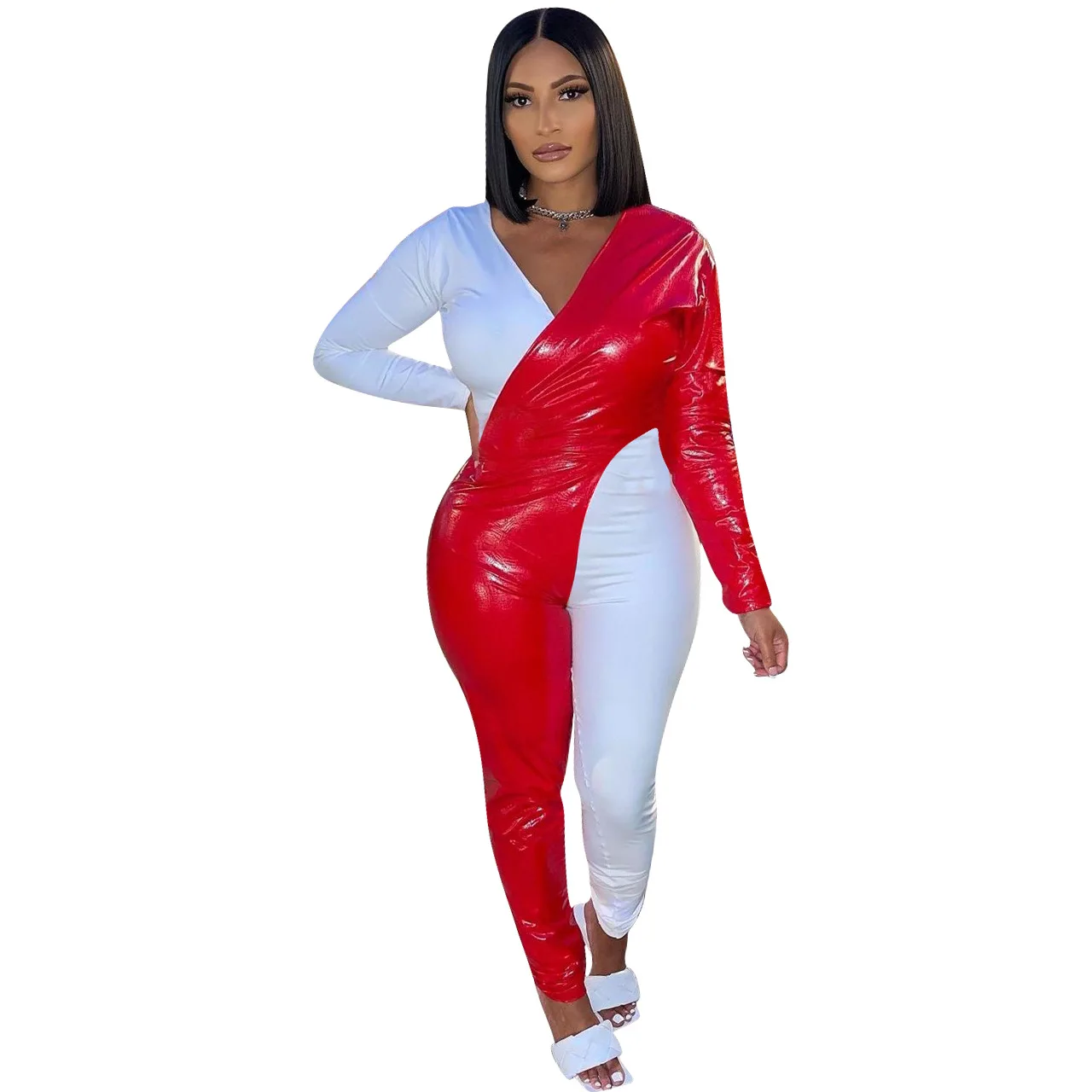 

Женский комбинезон из ПУ кожи, красный и белый комбинезон с V-образным вырезом и длинным рукавом, комбинезон на осень