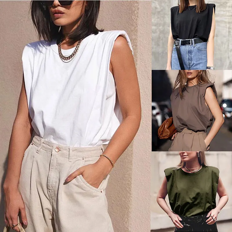 

New Women Shoulder Padded Blouse Elegant Sleeveless Loose Fit Office Lady Top Tee Vest XD88