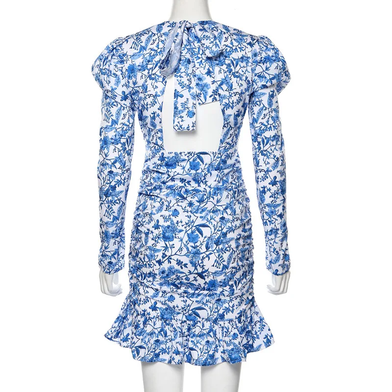 

BacklakeGirls Sexy Round Neck Backless Vacation Bohemian Beach Dresses Women Elegant Blue Floral Printed Ruffles Chiffon Dress