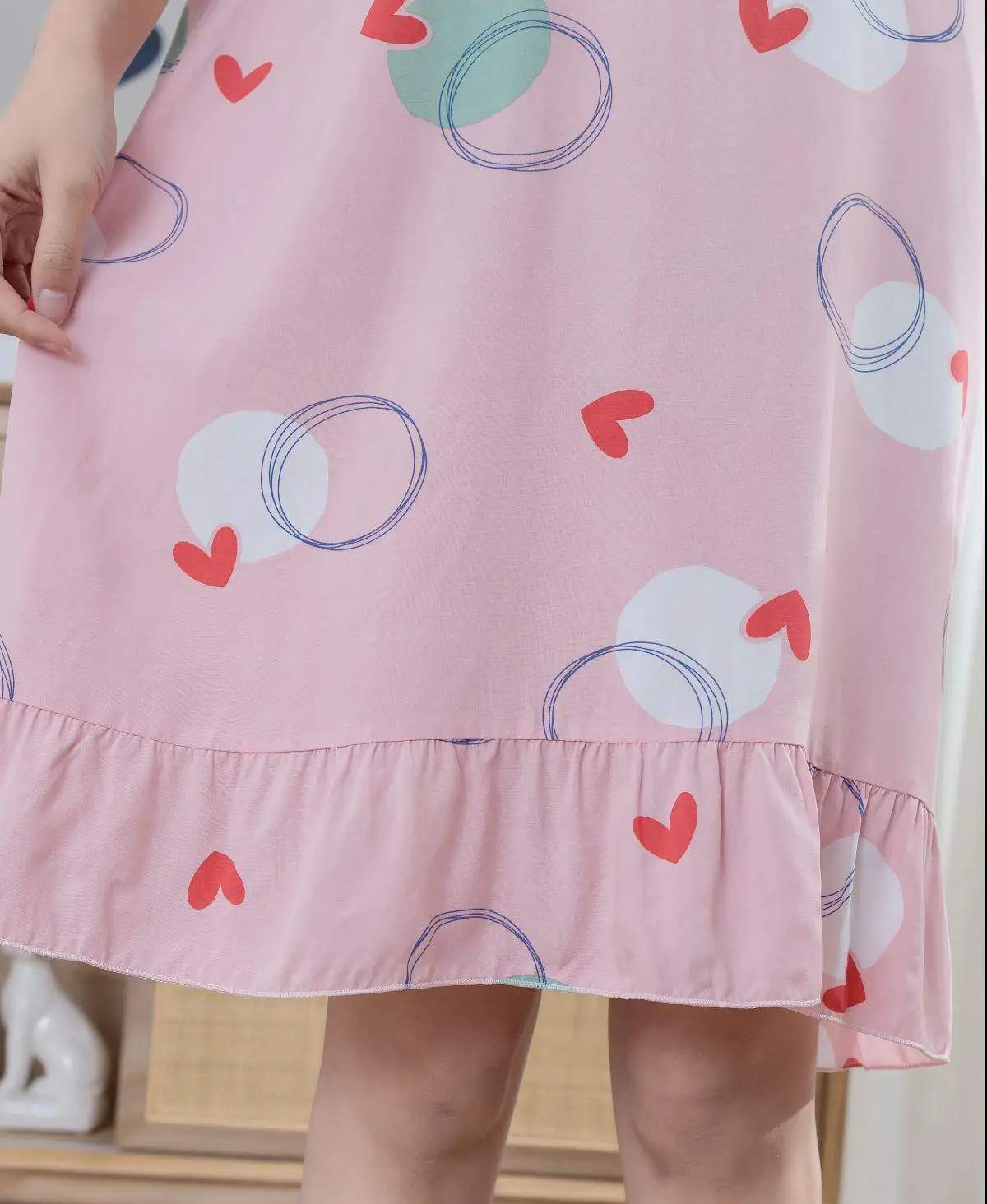 

Summer Thin Viscose Women Nightdress Sleeveless Knee-length Nightgown Loose Casual Sleepwear Cute Pink Print Ruffles Home Dress