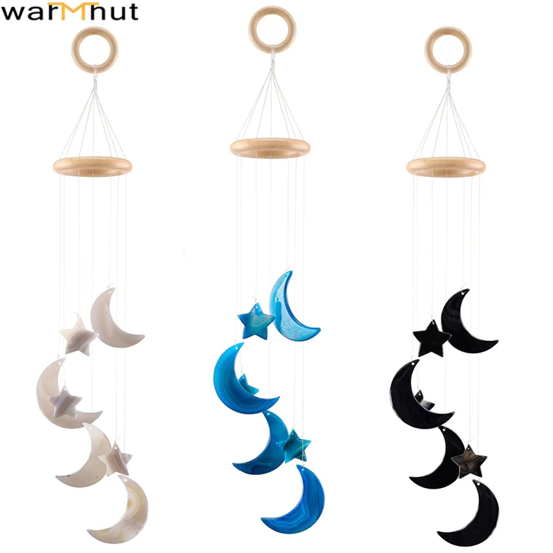 WarmHut New Blue Black Raw Agate Slices Wind Chime Moon And Star Windchimes Wall Hanging Ornament for Home Garden Outdoor Decor
