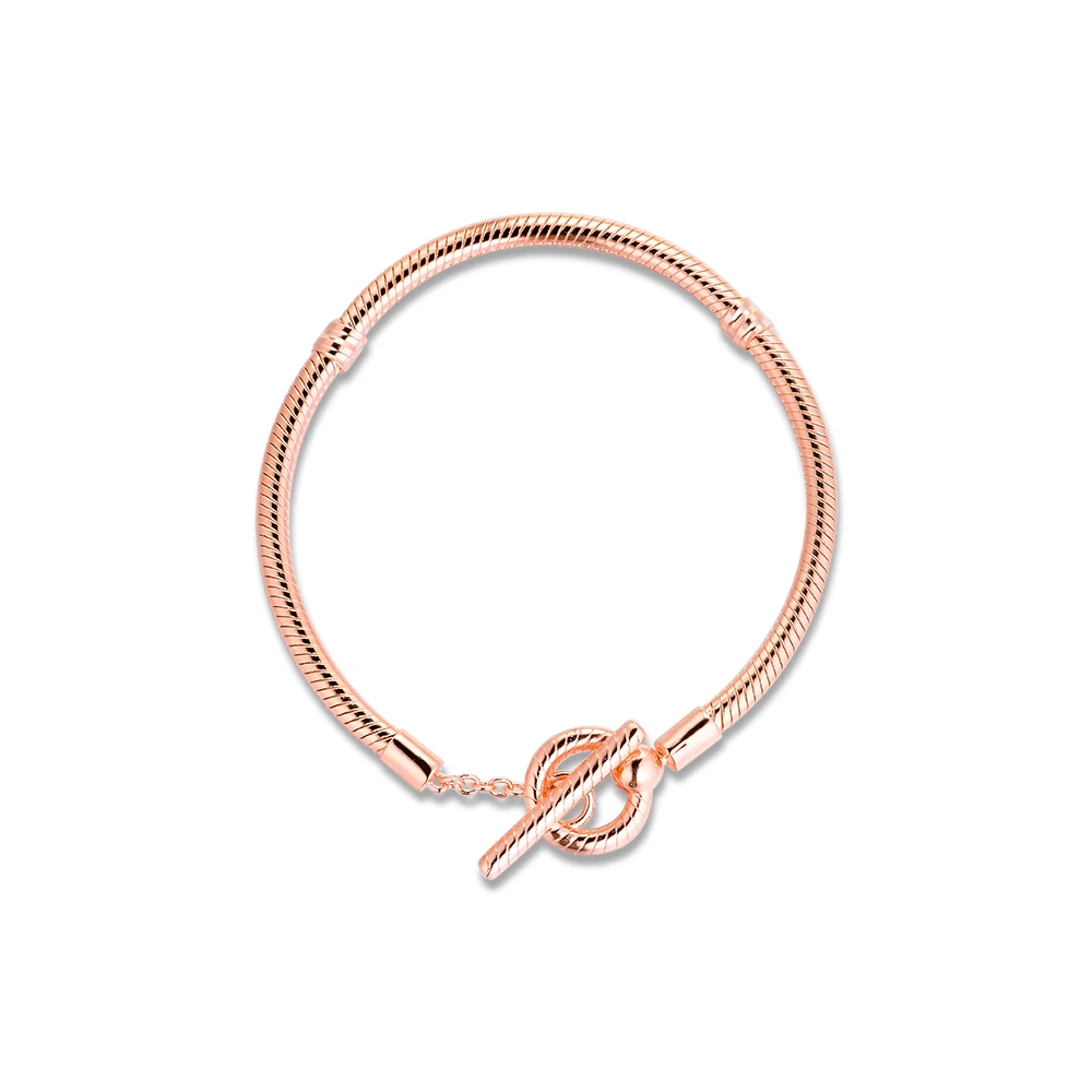 

Moments T-Bar Snake Chain Bracelet Rose Gold Color Jewelry Fits Original Charms & Beads For Woman DIY 2020 Winter Friend's Gift