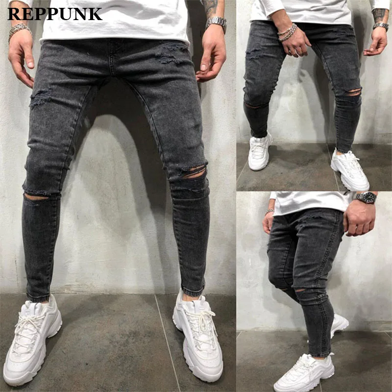 2020 Black Stretch Skinny Fit Bottom zipper Jeans Men Knee Ripped Distressed Hole biker jeans Pants Hip Hop Street Big Size XXXL | Мужская