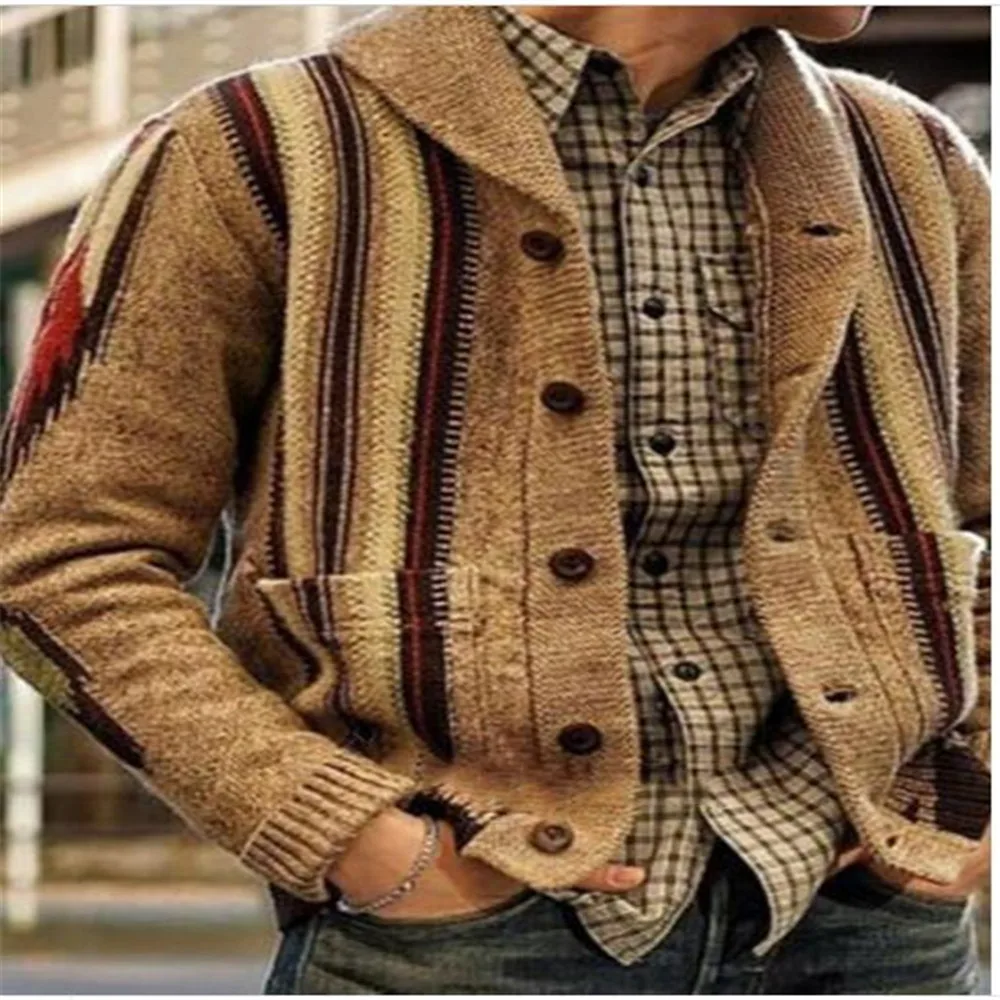 Зимние мужские лацкан жаккардовые однобортный Повседневный Кардиган с длинными