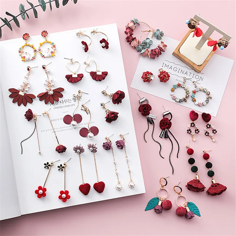 Корейский Красный цветок жемчуг осень зима для невесты женщин девочек висячие