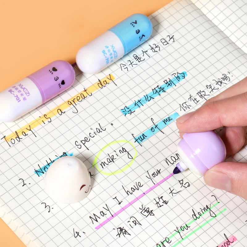 

6PCS Cute Mini Smiling Face Pill Highlighter Lovely Cartoon Painting Pen Marking Pens Students Learn Stationery Supplies