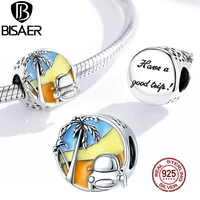 bisaer coconut tree car travel beads 925 sterling silver round charms colorful enamel pendant fit bracelet necklace ecc1530