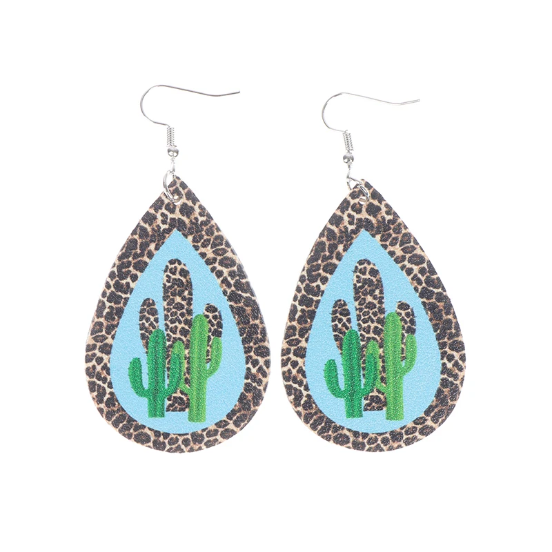 

Leopard Cactus Print Brown Leather Kite Drop Earrings for Women New Designer Cactus Dangle Earrings Jewelry