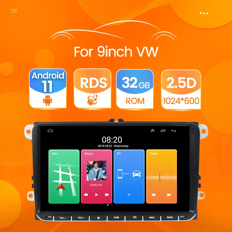 

Android 11 2.5D Screen RDS AM FM Car Video For VW 9" With buttons 2+32GB Car dvd player Radio GPS WIFI Mirror link Stereo