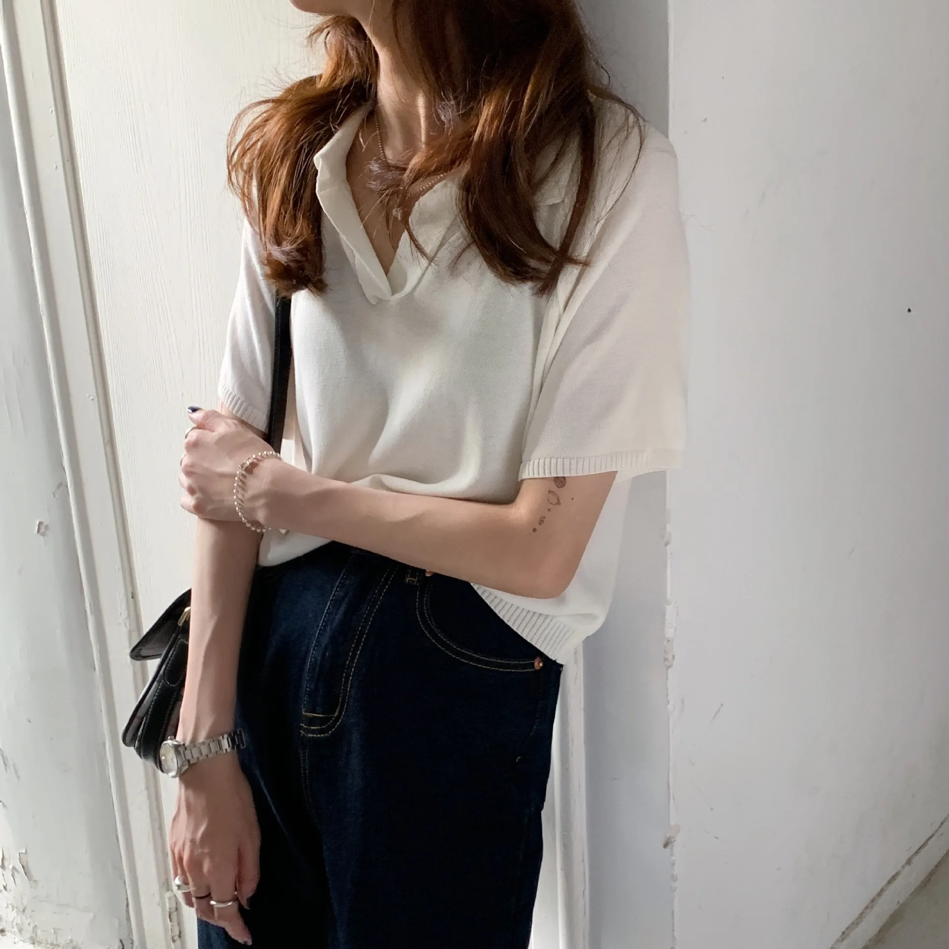 Cropped Short Sleeve Polo Sweater Women Summer Knitted Shirt | Женская одежда