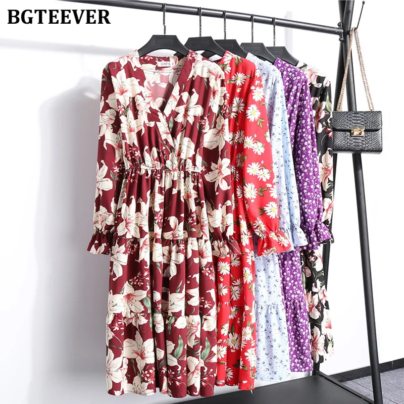 Платье BGTEEVER женское с V образным вырезом и цветочным принтом миди платье трапеция