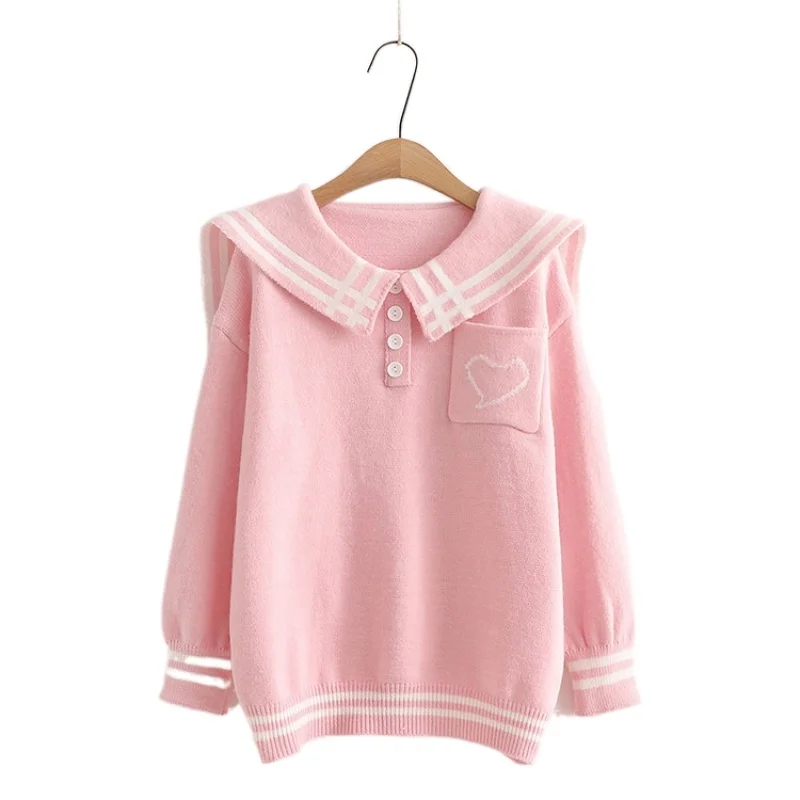 

Женские полосатые свитера с вышивкой слышал, сезон зима 2021, теплый вязаный пуловер с матросским воротником и круглым вырезом, корейские жен...