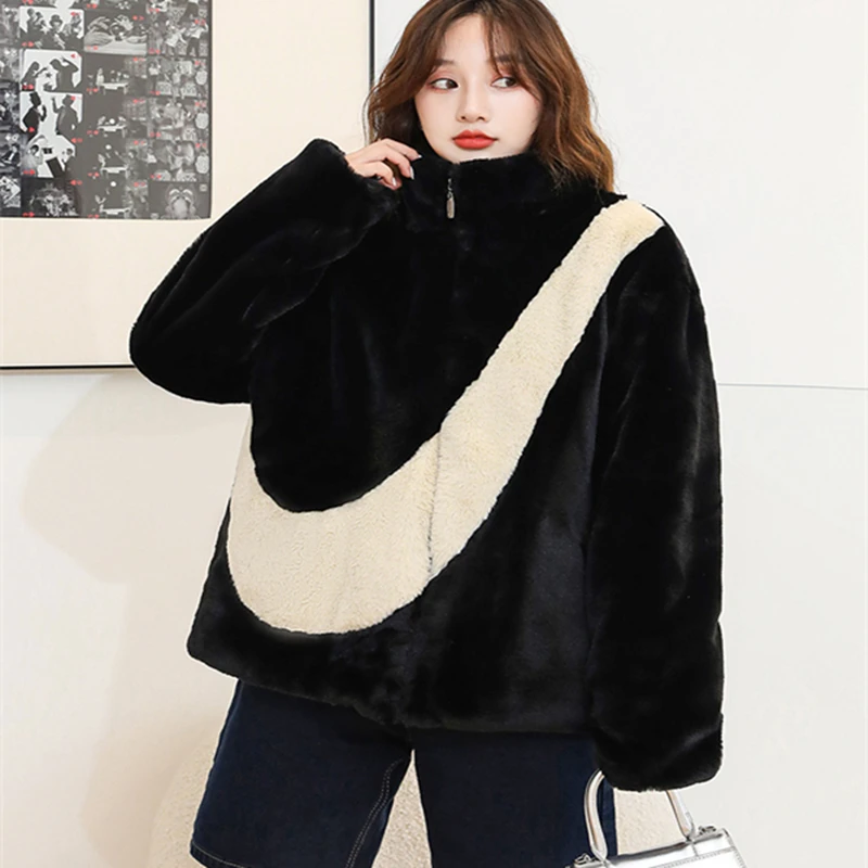 Big hook fur imitation mink stand collar large size casual jacket winter lamb velvet jacket mid-length jacket Office Ladyzipper