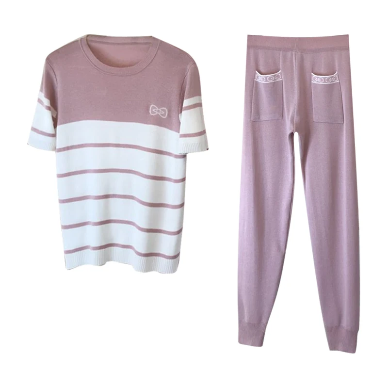 

2021 Spring/Summer Thin Han Fan Sweet Bow Knit Short Sleeve Top + Elastic Pants Set