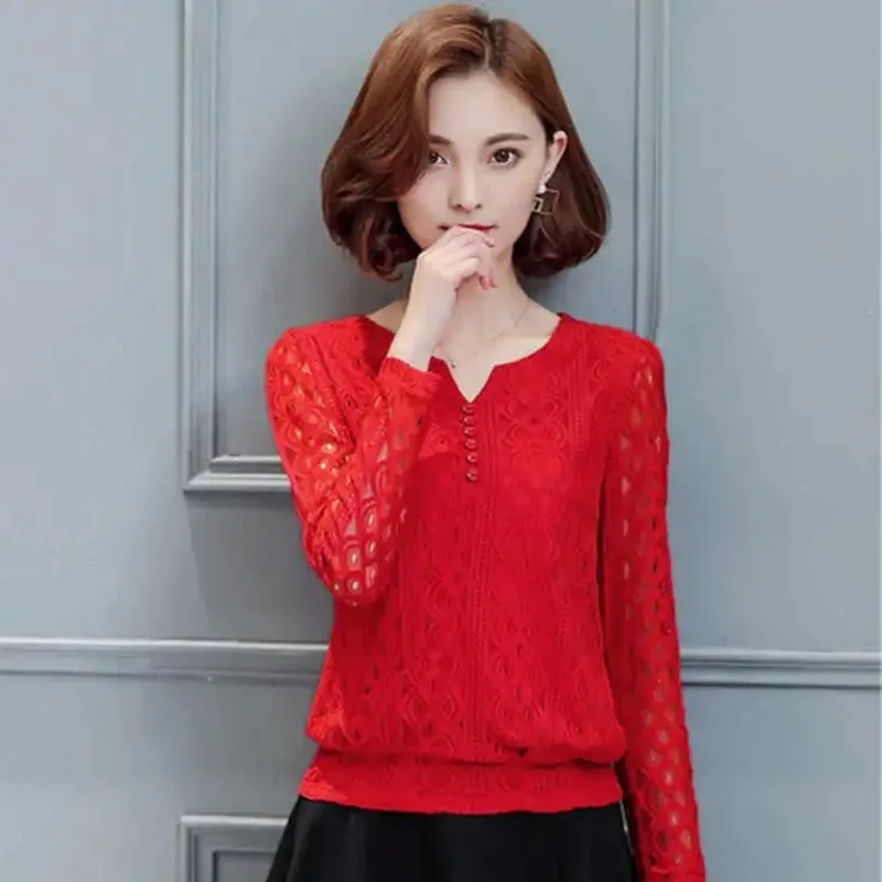 

Female blouse autumn fashion lace cast with top female shirt long sleeve office plus size Draw back Thin Buttons Hedging V-neck