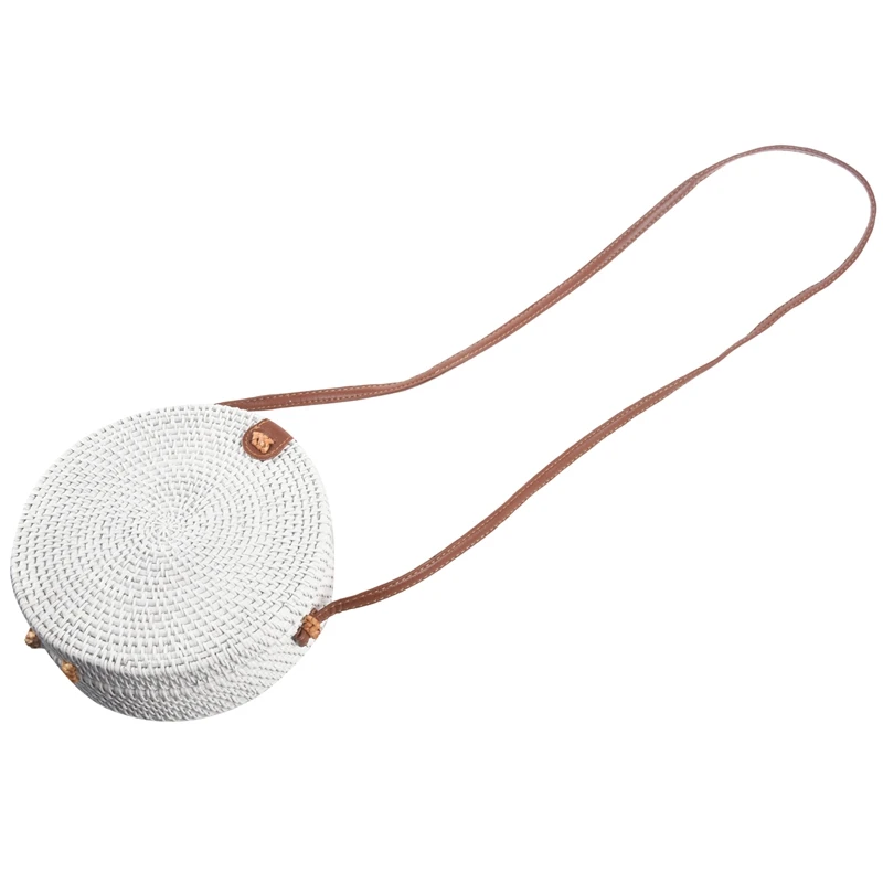 

Summer Woven Straw Bag Rattan Brown Black White Bohemia Beach Bag Handmade Circle Messenger Bag Star Bags(White)