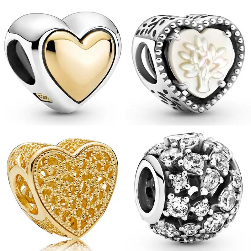 

Openwork Domed Golden Heart & Family Tree Sparkling Round Cz Charm 925 Sterling Silver Beads Fit Fashion Bracelet DIY Jewelry