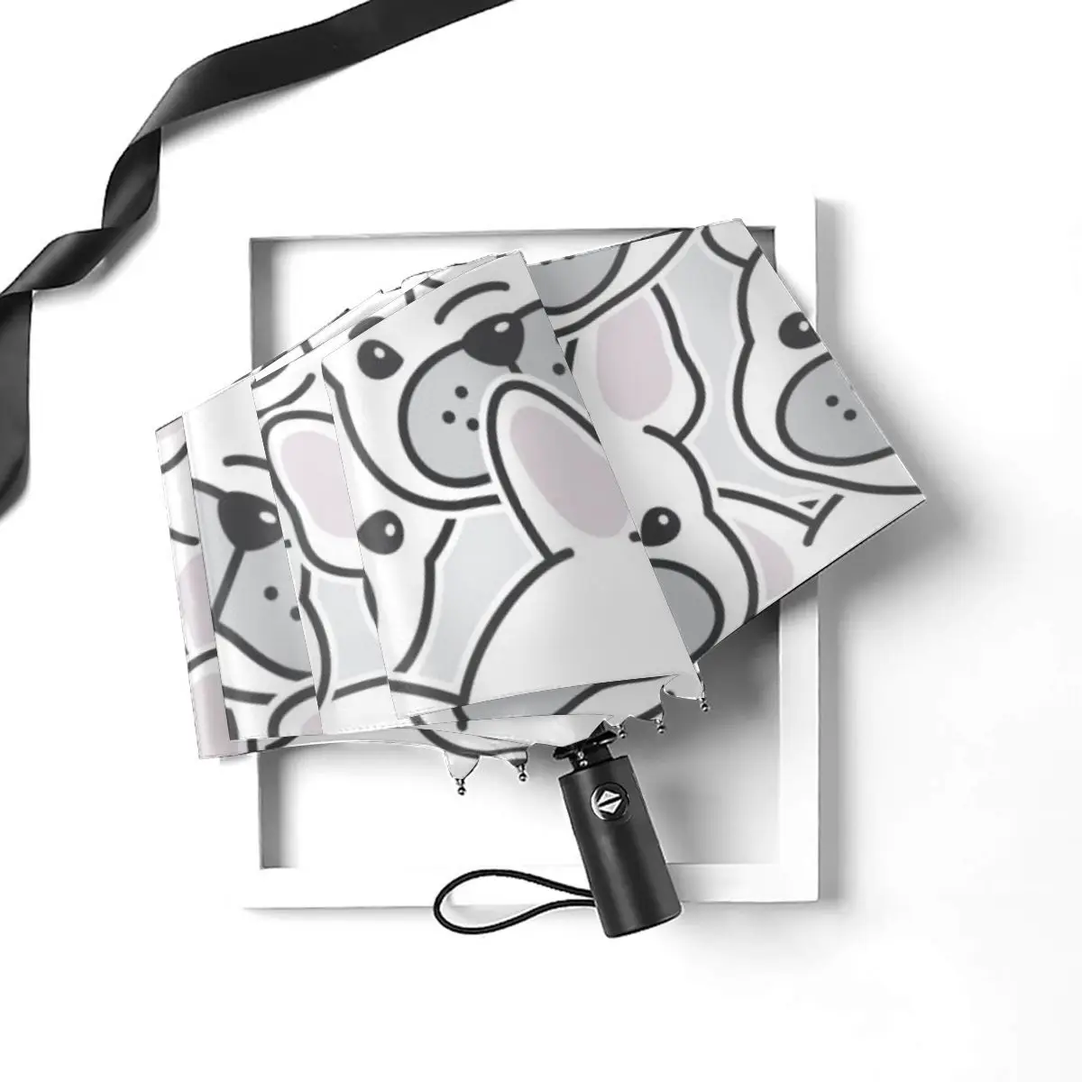Offerte Ombrello Automatico Pioggia Ombrello A Tre Pieghe Bulldog Francese Cucciolo Faccia Testa Di Cane Ombrello Antivento Parasole Impermeabile Femminile
