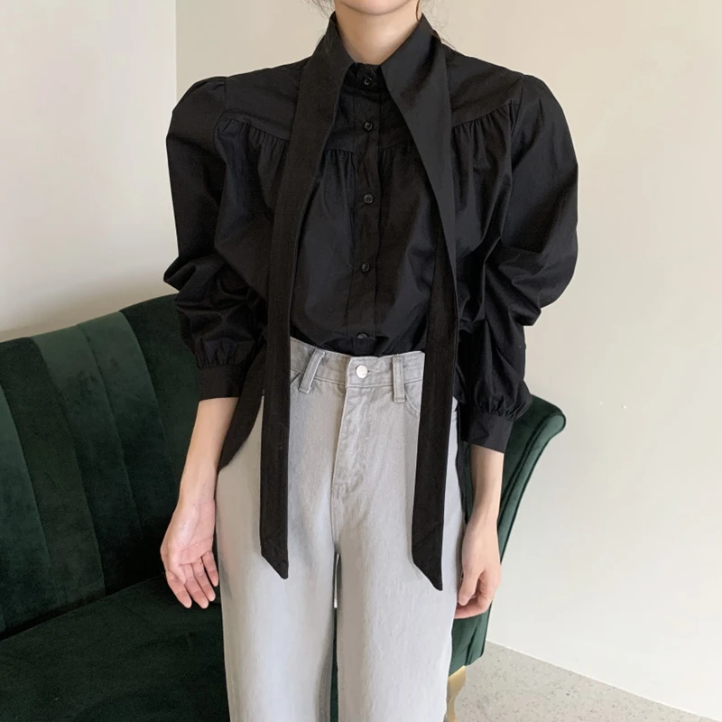 RealShe белая женская блузка со стоячим воротником и длинным пышным рукавом