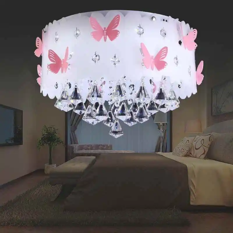 Круглая потолочная лампа для спальни Хрустальная розовая бабочка девушка