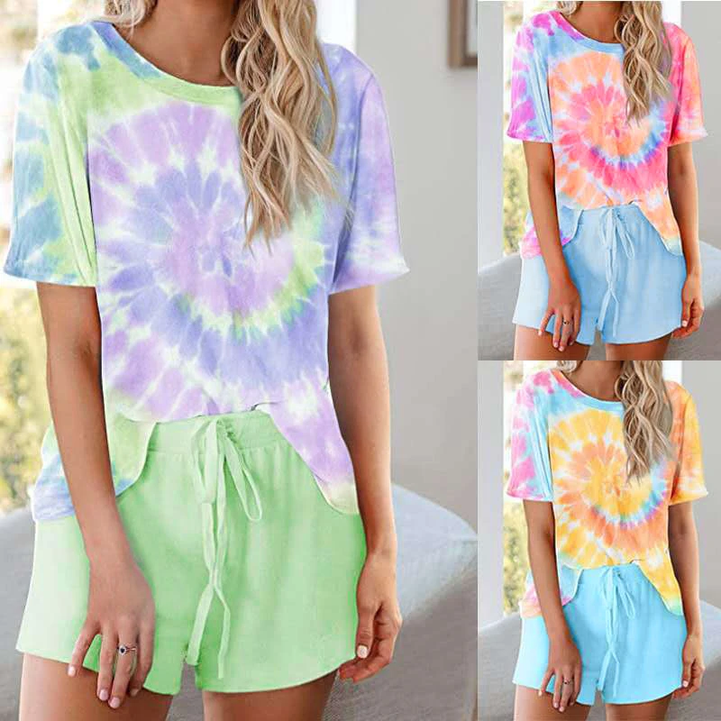 

Women Tracksuit Summer 2 Pieces Sets Casual Loose Tie Dye Colorful Clothing Set Short Sleeve Top Drawstring Short
