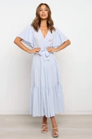 2021 new fashion spring summer v neck ruched casual dress solid flare sleeve with belt women dresses