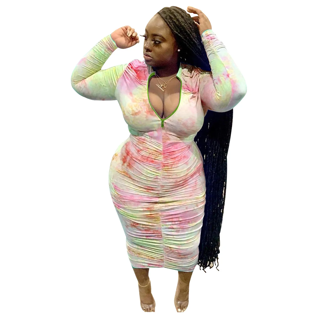 

Echoine Plus Size Gradient Pleated Long-sleeved Dress Maxi Dresses for Women Skinny Vestidos