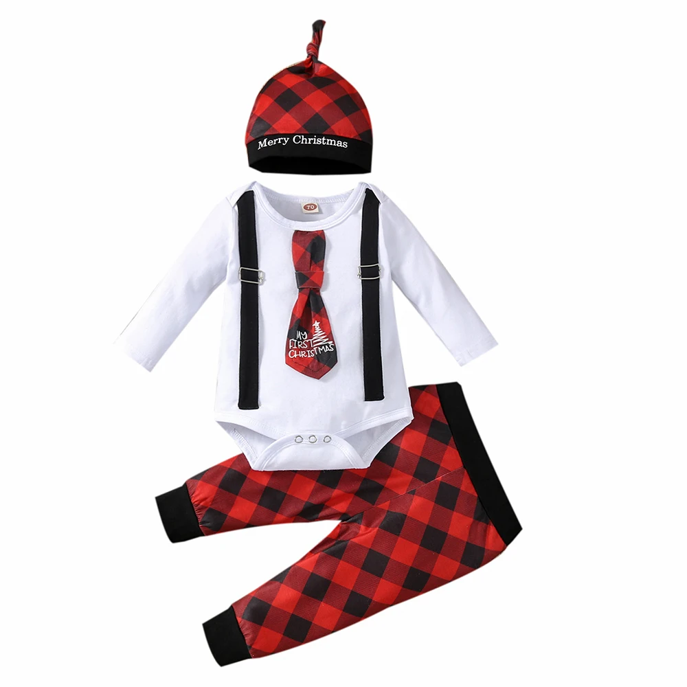 

Christmas Newborn Boby Boys Cotton Knitted Pullover Autumn Plaid Print Long Sleeve Round Neck Elastic Waist Romper Hat Pant Set