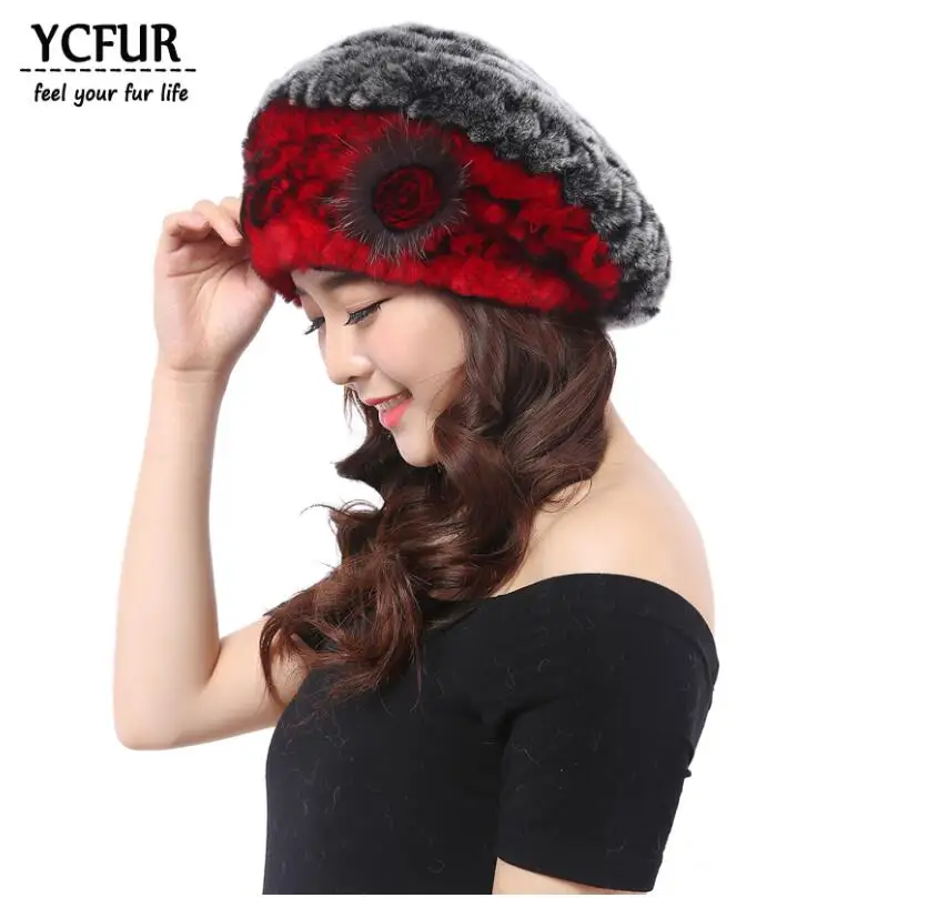 red grey Yc меховые зимние береты для женщин, вязанные настоящий мех кролика, шапки, шапки с мехом серебристой лисы, теплые мягкие меховые шапки с цветком, женские береты - Цвет: red grey