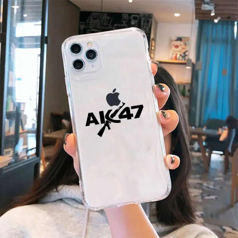 

AK47 Gun Coque Simple black white Phone Case Transparent for iPhone 6 7 8 11 12 s mini pro X XS XR MAX Plus cover funda shell