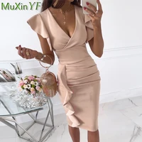 summer women graceful ruffles midi dress 2021 new sexy v neck wrap hip slim office lady evening dresses solid bodycon robe party