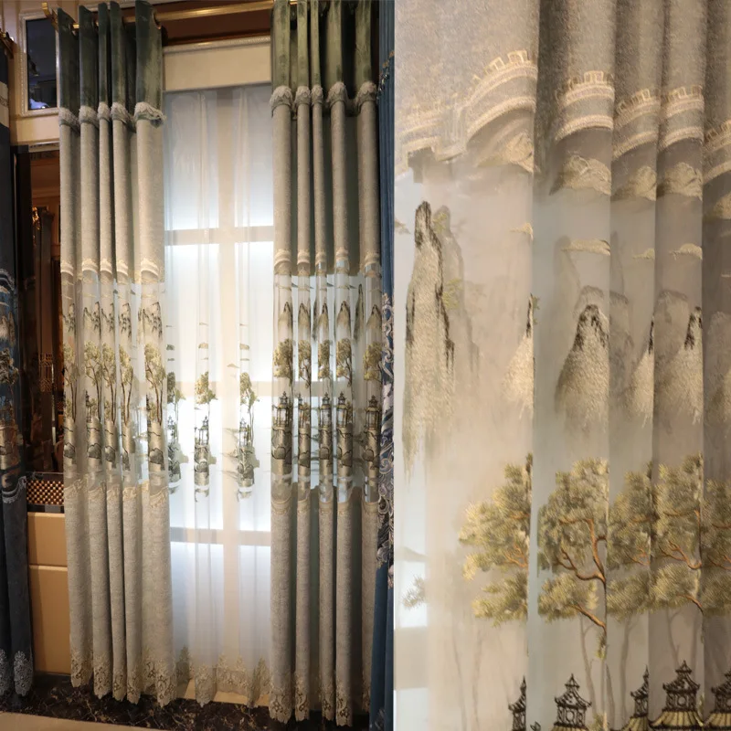 

Chenille Hollow Embroidered Curtains New Chinese Wind Sun Shading and Heat Insulation Curtains for Living Dining Room Bedroom
