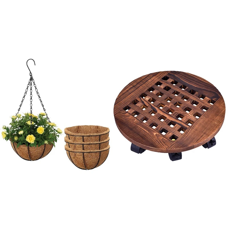 

Rolling Wooden Planter Caddy Potted Plant Stand with 4PCS Hanging Wrought Iron Flower Basket