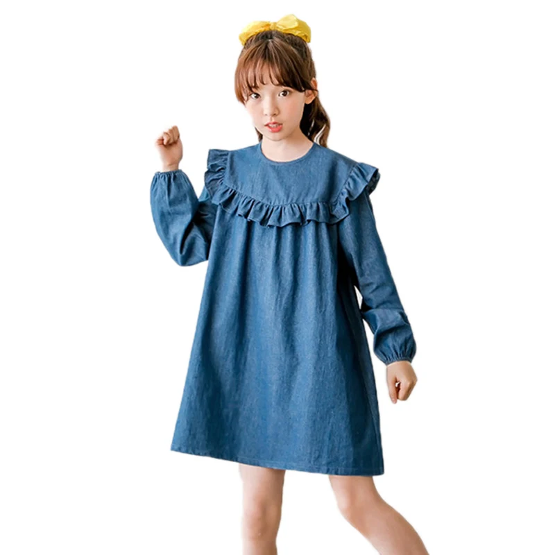 4 to14 yrs kids &amp teenager girls ruffle denim dress long sleeve cotton casual blue children fall winter princess vestidos | Детская