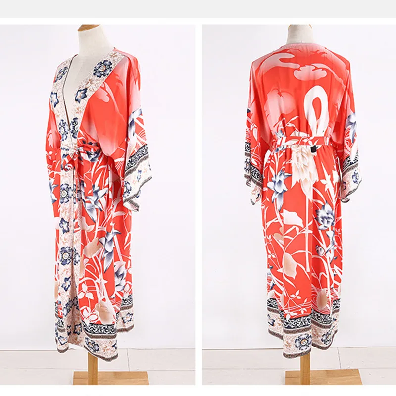 

Bikini Cover Up 2021 Print Beach Dress For Women 2021 V-neck Long Sleeve Cardigan Maxi Dress Vacation Bathing Suit Beachwear