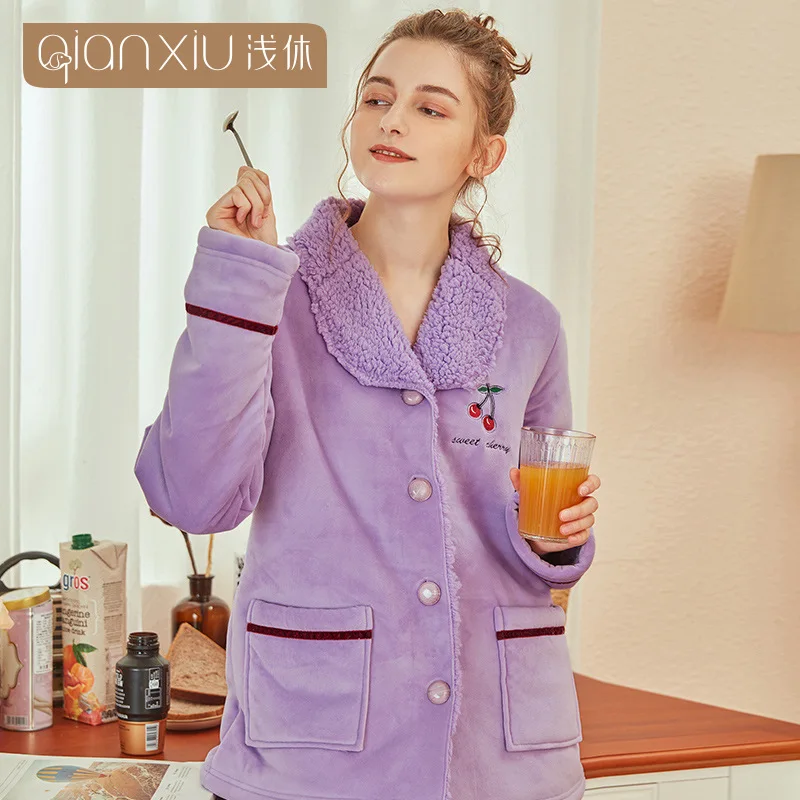 Фланелевый пижамный комплект для женщин милый Вишневый узор плюшевый тканевый