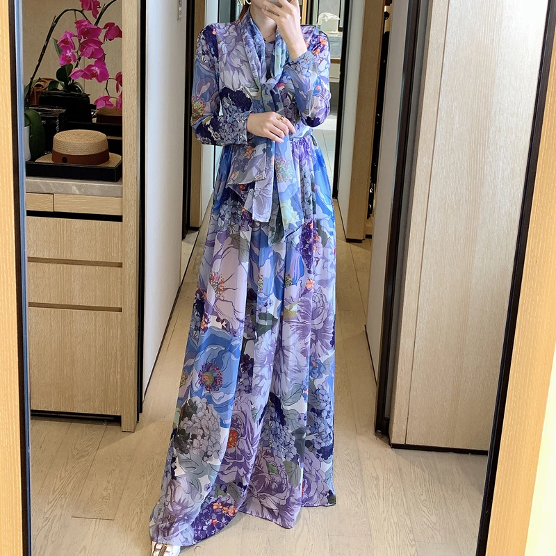 

Bohemian Retro Print Floral Party Round Neck Long Sleeve Long-Sleeved Belt Elegant Dress Long Women'S Clothing New High-Quality