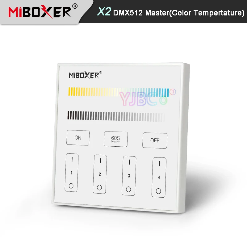 

Miboxer X2 DMX512 Master Color Tempertature Touch Panel AC100~240V 4-Zone DMX512 + 2.4G Wireless Tempered Glass Wall Switch