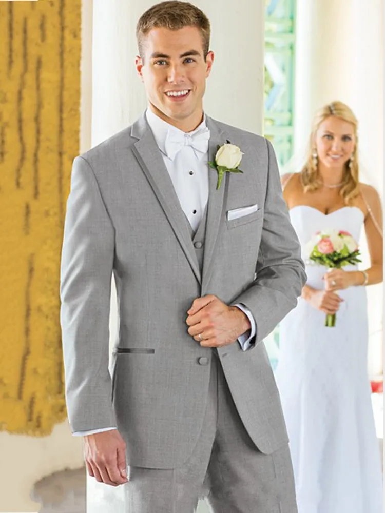 Handsome Light Grey Men Prom Dress Business Suits Groom Wedding Coat Waistcoat Trousers Sets (Jacket+Pants+Vest+Tie) K:1285